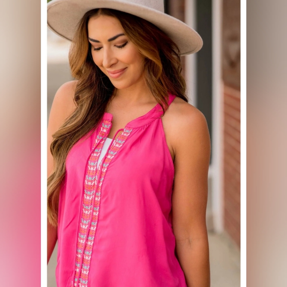 NWT Hot Pink Embroidered Boho Woven Tank Size Large (fits M/L)